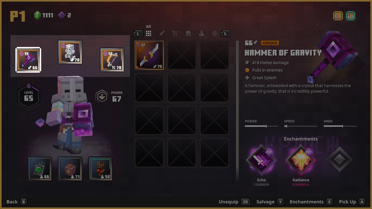 Three gear items: melee weapon, ranged weapon and armor